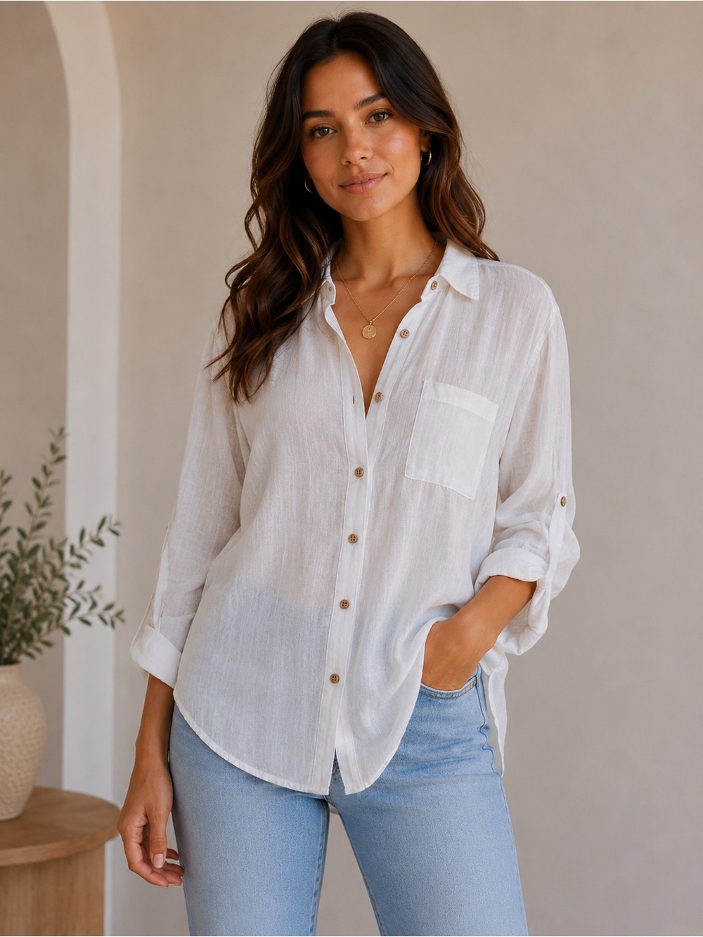 Love Notes White Gauze Button Up Shirt Size Large Coastal Beach Cover Up